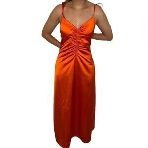 Jason Wu Orange Satin Ruched Sleeveless Open Back Midi Slip Dress Semi Formal